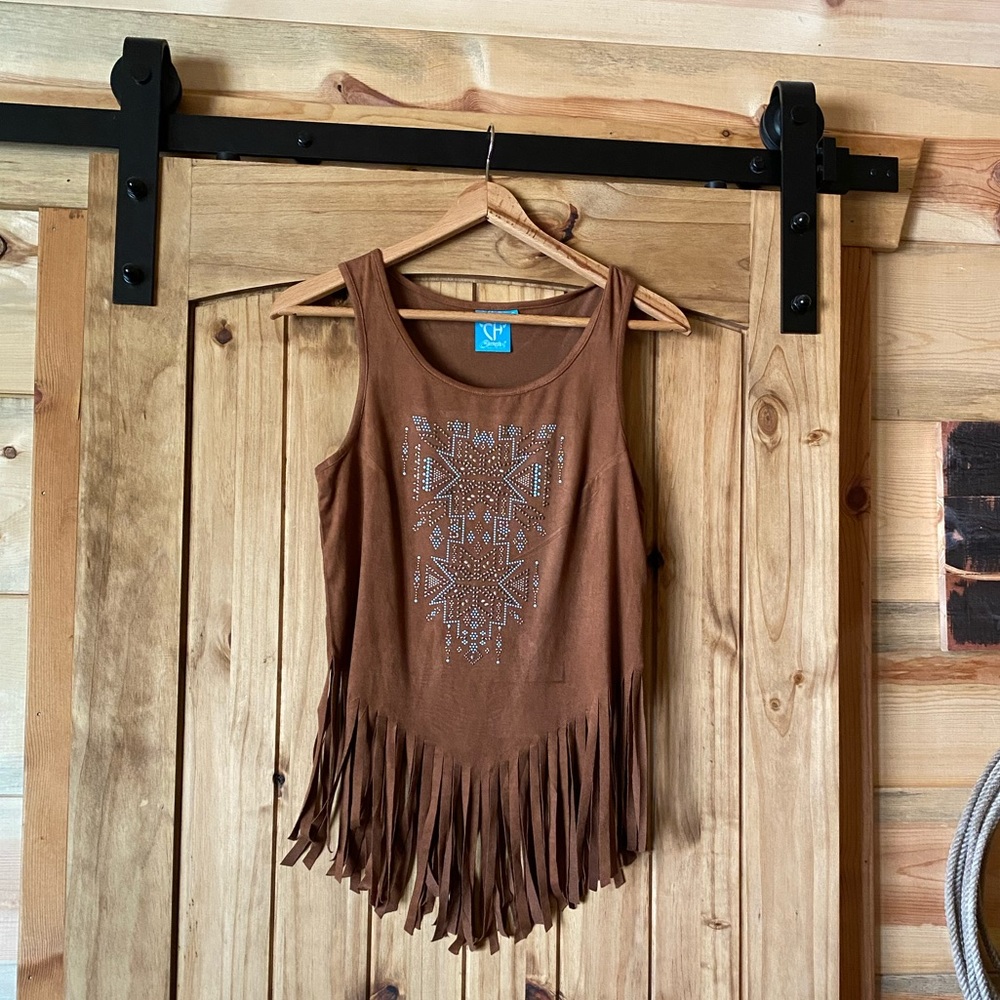 Faux suede fringe tank